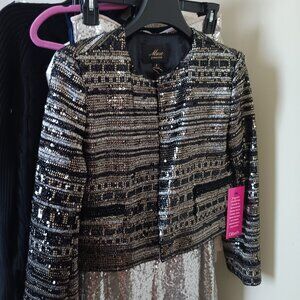NWT Women's Black and Silver Sequin with Gold Stitching Long Sleeve Jacket